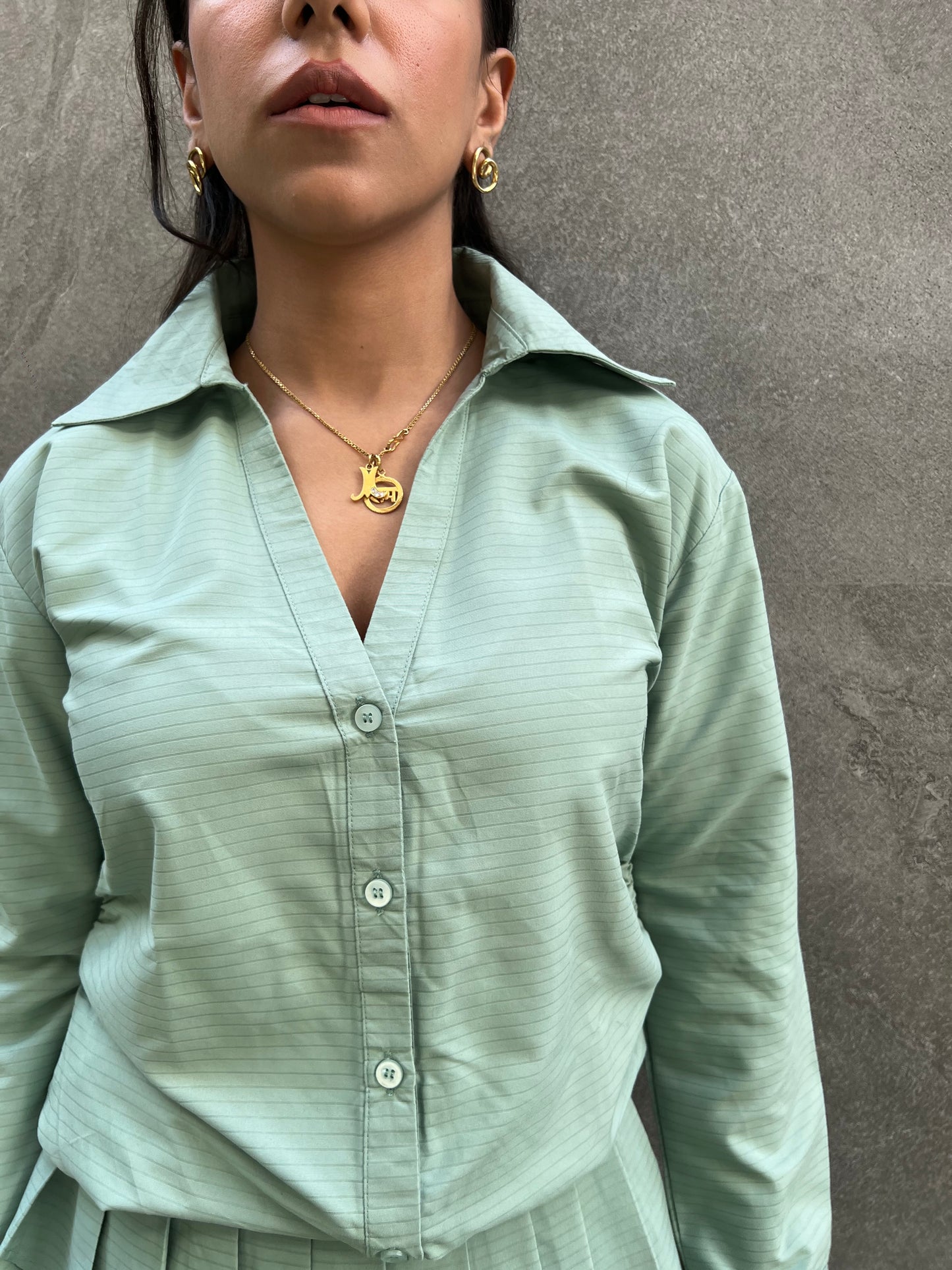 Sage Stripes Cotton Poplin Shirt & Pleated Skort Set