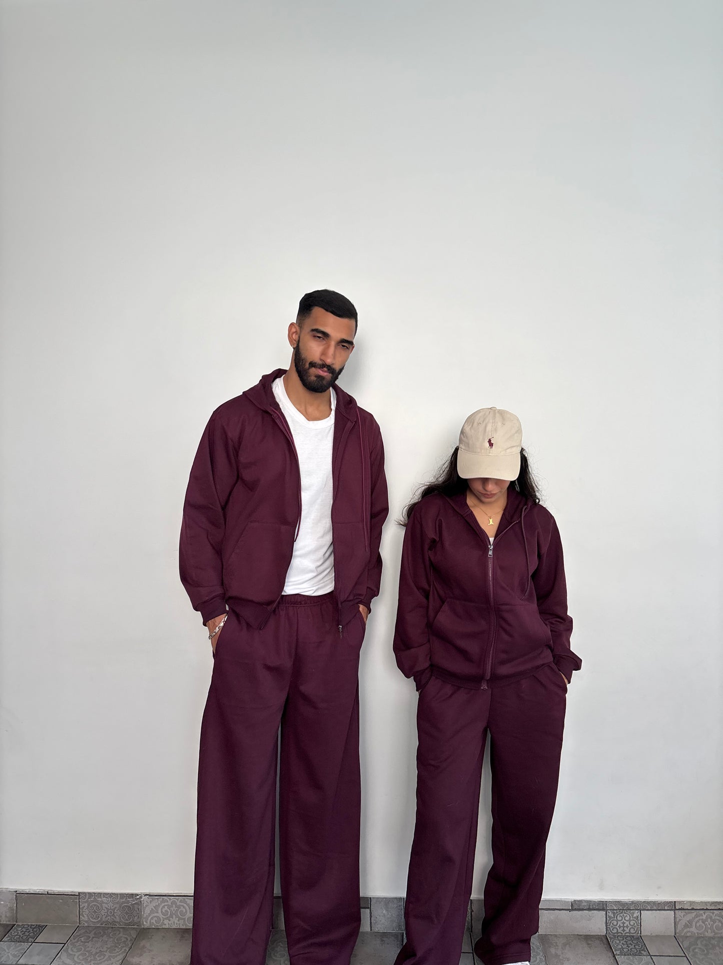 Unisex Burgundy Zipper Hoodie Cotton Fleece SET (Medium Warmth)