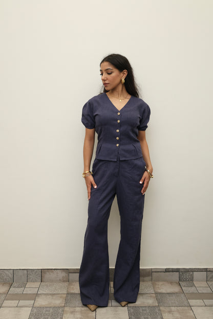 Navy Blue Cotton Linen Blend Sculpted Set