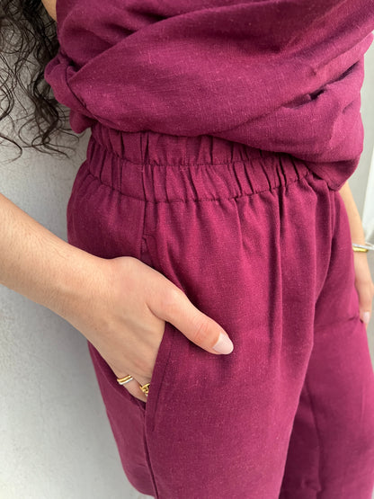 Wine Cotton Linen Ruched Halter Top & Pants Set