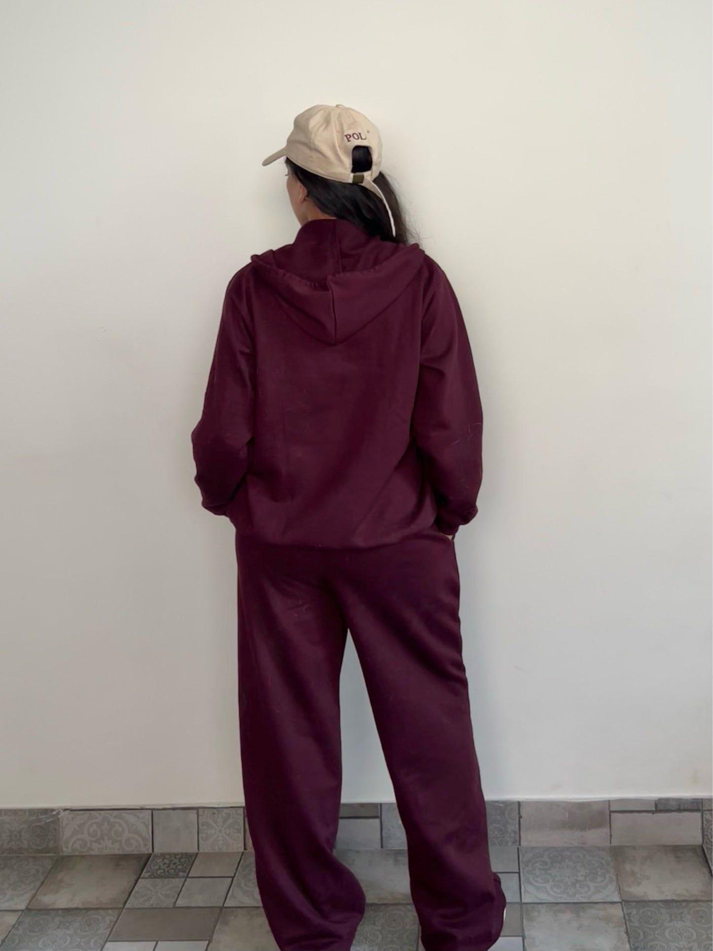 Unisex Burgundy Zipper Hoodie Cotton Fleece SET (Medium Warmth)