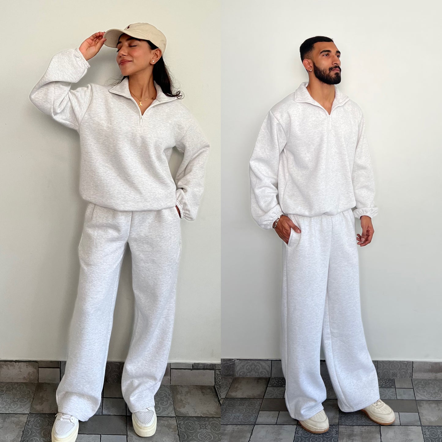 Unisex Grey Melange Half-Zip Cotton Fleece SET  (High Warmth)