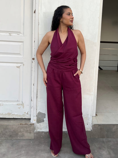Wine Cotton Linen Ruched Halter Top & Pants Set