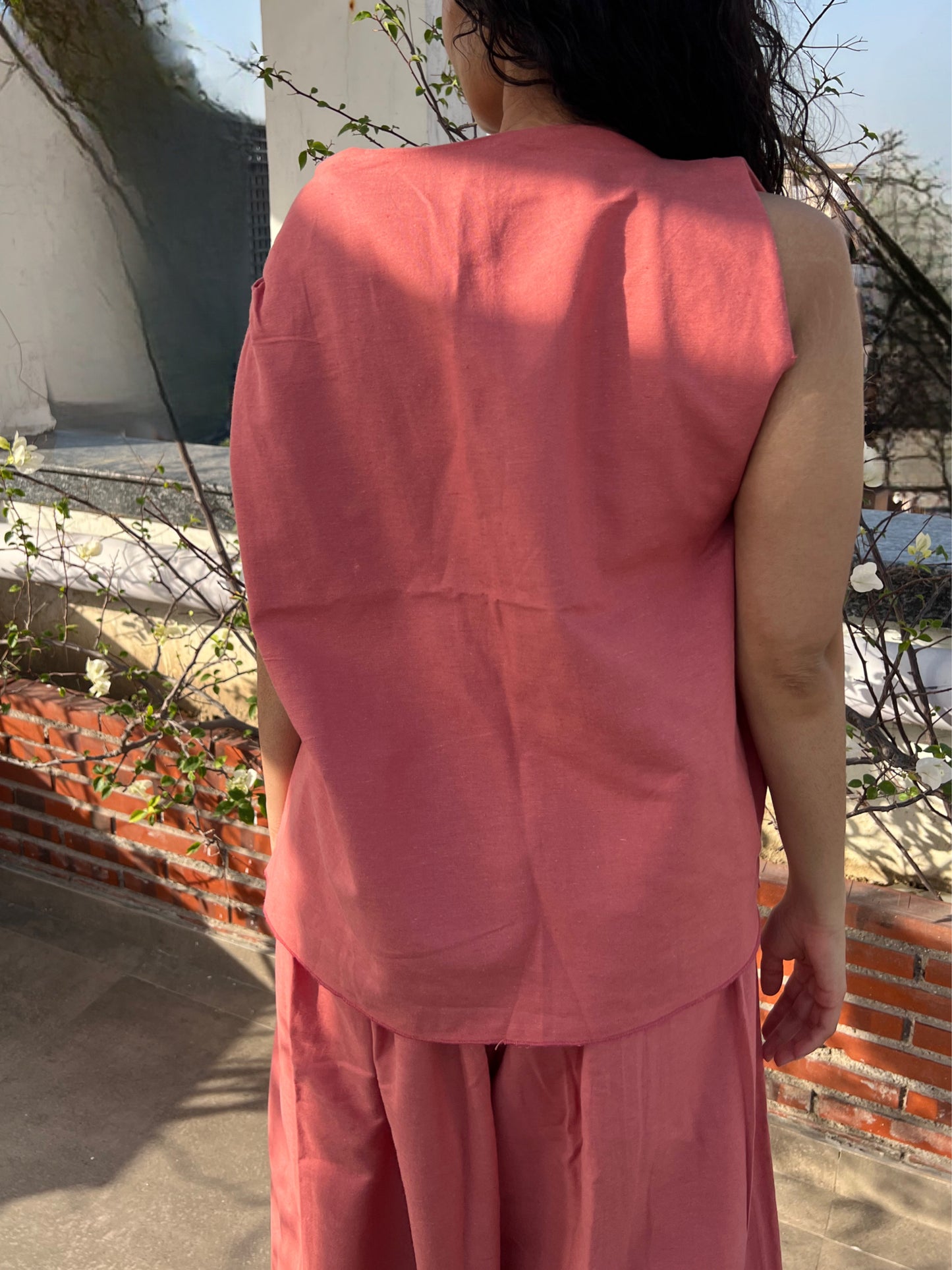 Dusty Rose Cotton Linen Draped Top & Pants Set