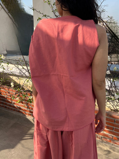 Dusty Rose Cotton Linen Draped Top & Pants Set