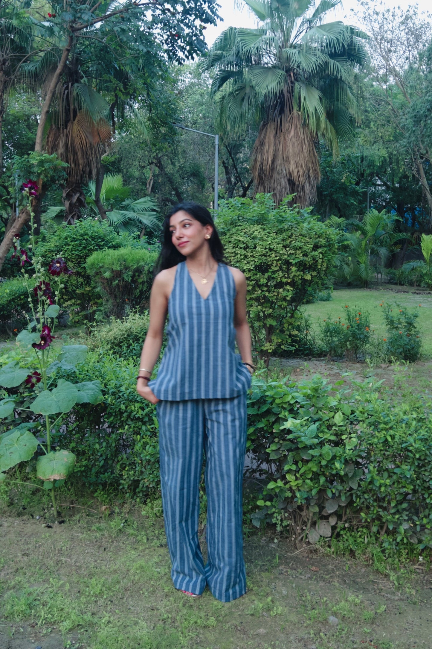 Blue Pure Cotton Stripes Tie up & Pants Set