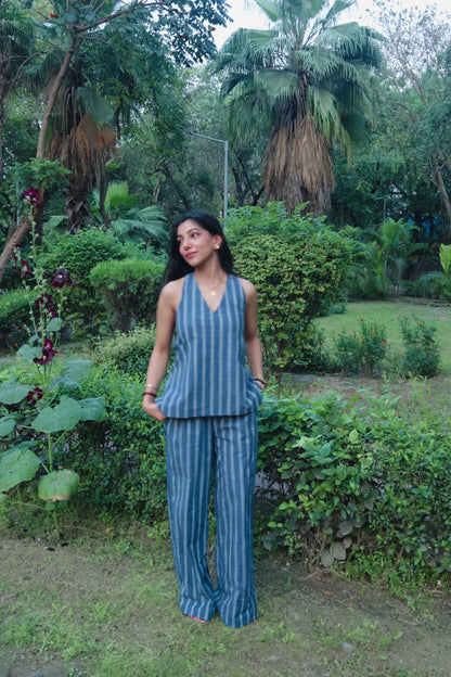Blue Pure Cotton Stripes Tie up & Pants Set