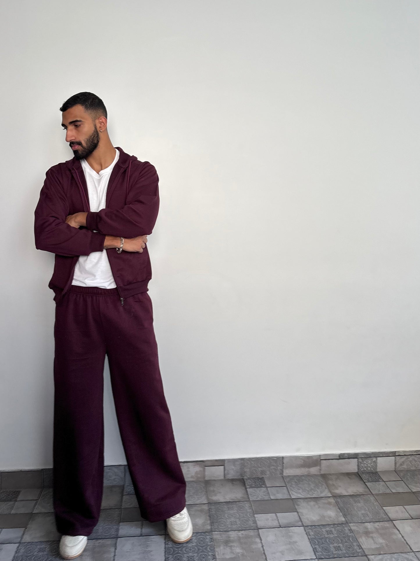 Unisex Burgundy Zipper Hoodie Cotton Fleece SET (Medium Warmth)