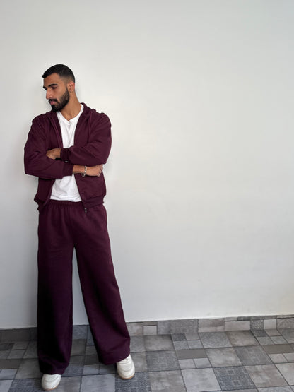 Unisex Burgundy Zipper Hoodie Cotton Fleece SET (Medium Warmth)