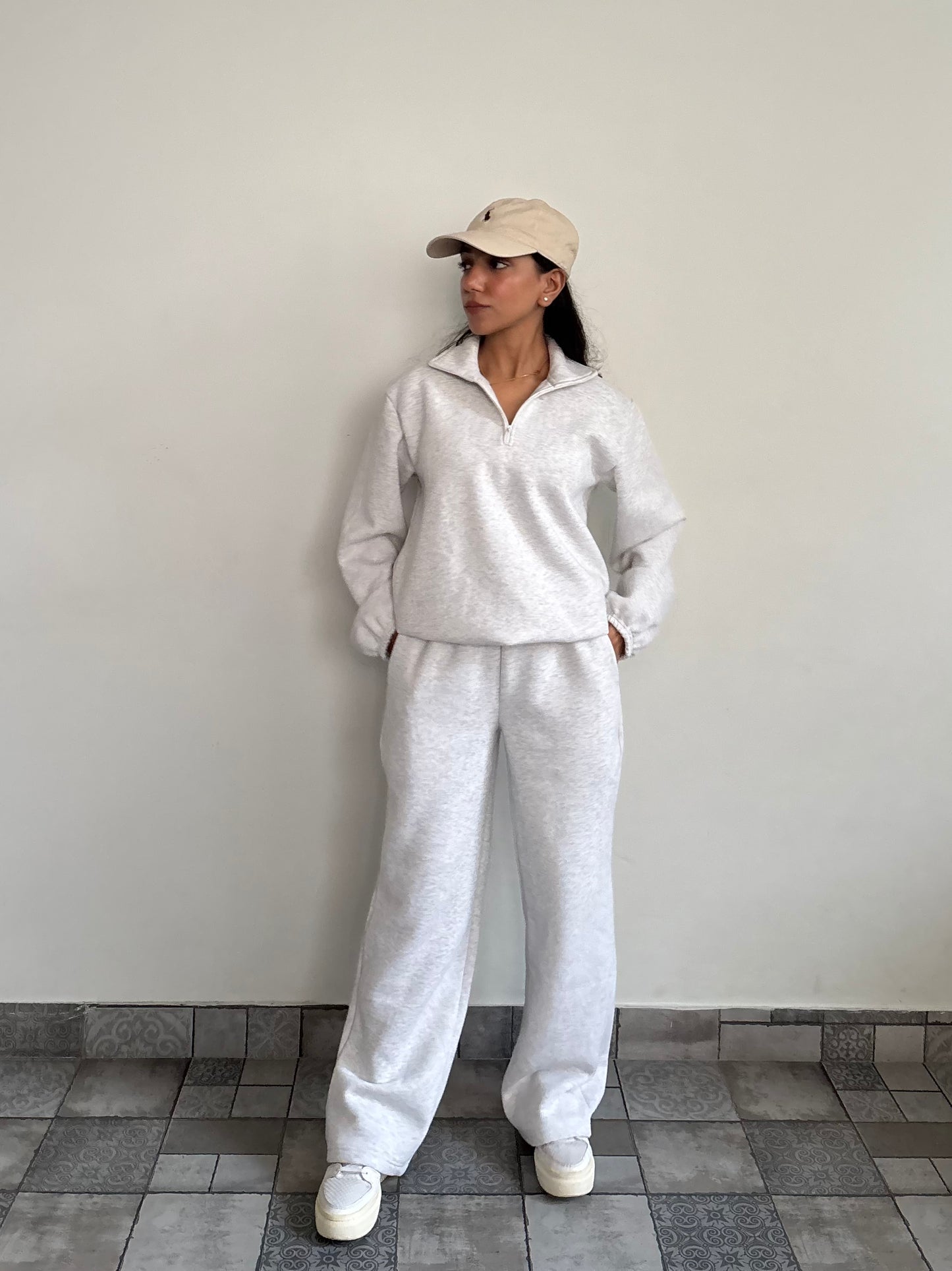 Unisex Grey Melange Half-Zip Cotton Fleece SET  (High Warmth)