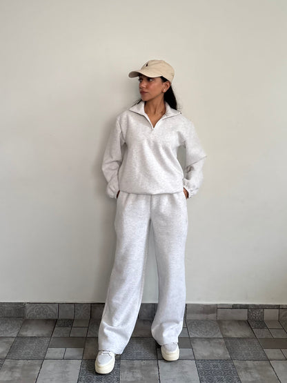 Unisex Grey Melange Half-Zip Cotton Fleece SET  (High Warmth)
