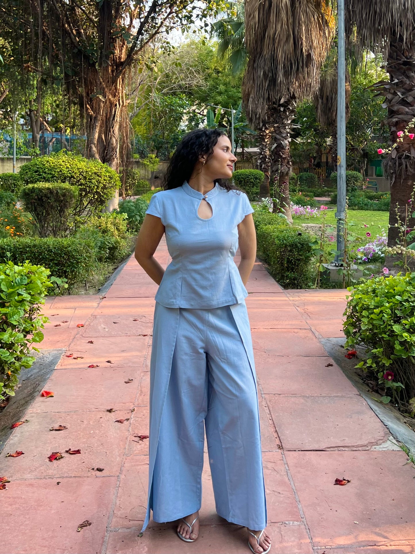 Powder Blue Pure Cotton Keyhole Shirt & Pants Set