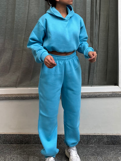 Light Blue Cropped Hoodie Cotton Fleece SET