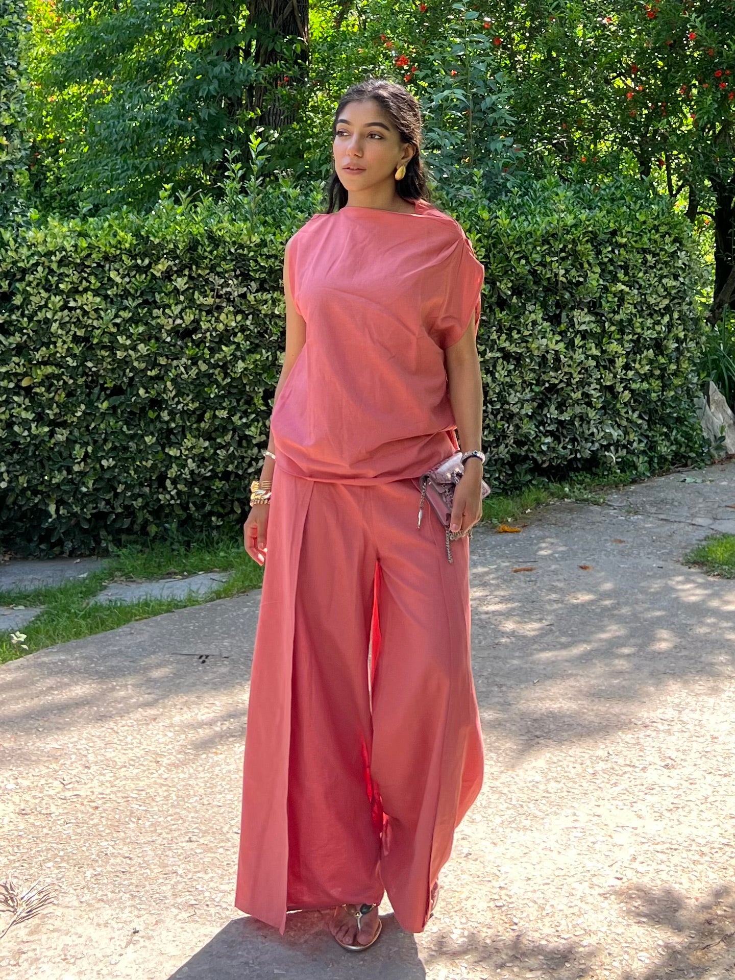 Dusty Rose Pure Cotton Draped Top & Pants Set
