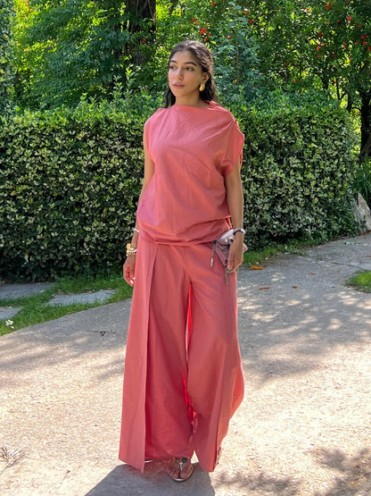 Dusty Rose Pure Cotton Draped Top & Pants Set