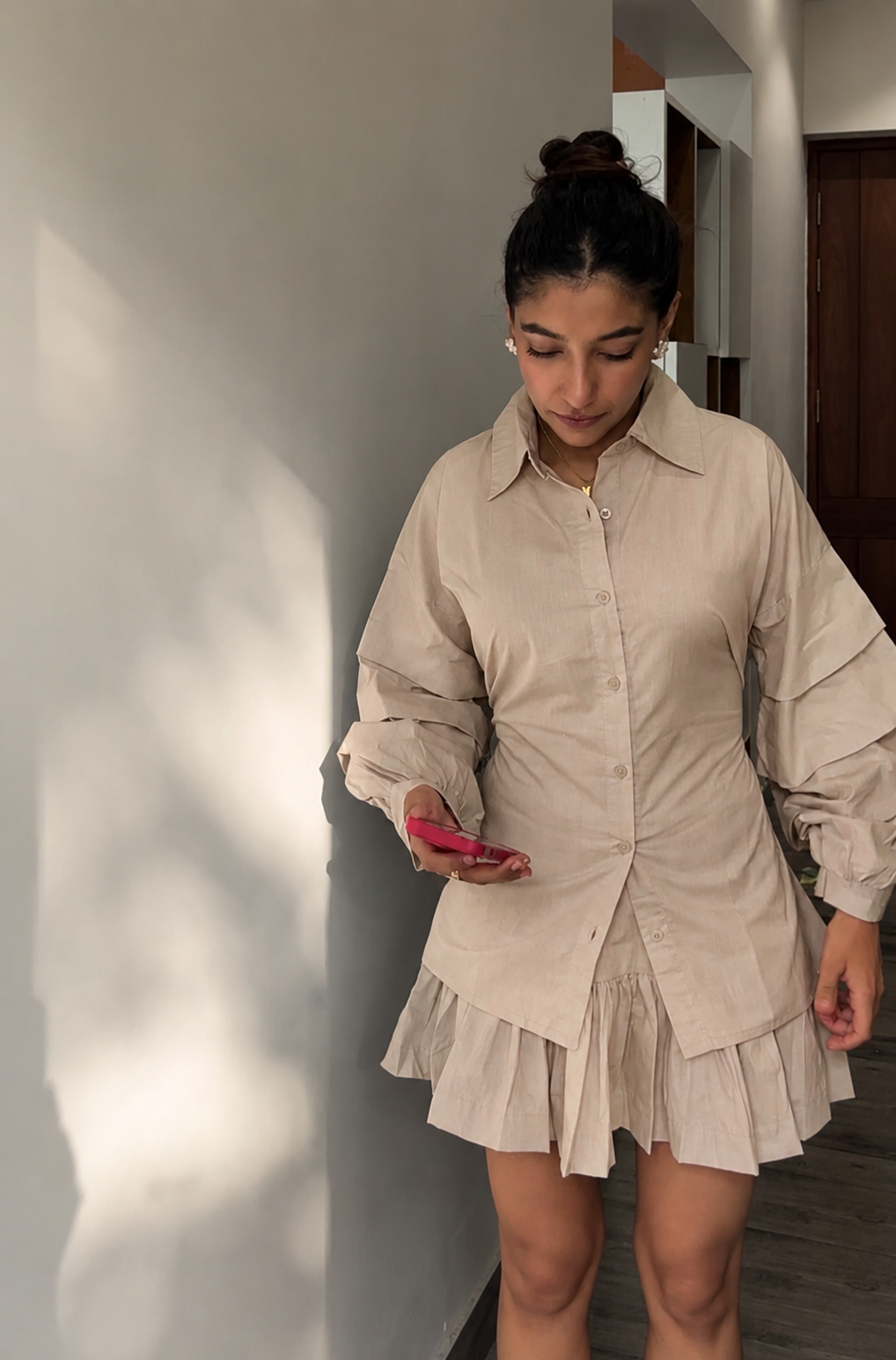 Beige Cotton Linen Ruffle Skort Set