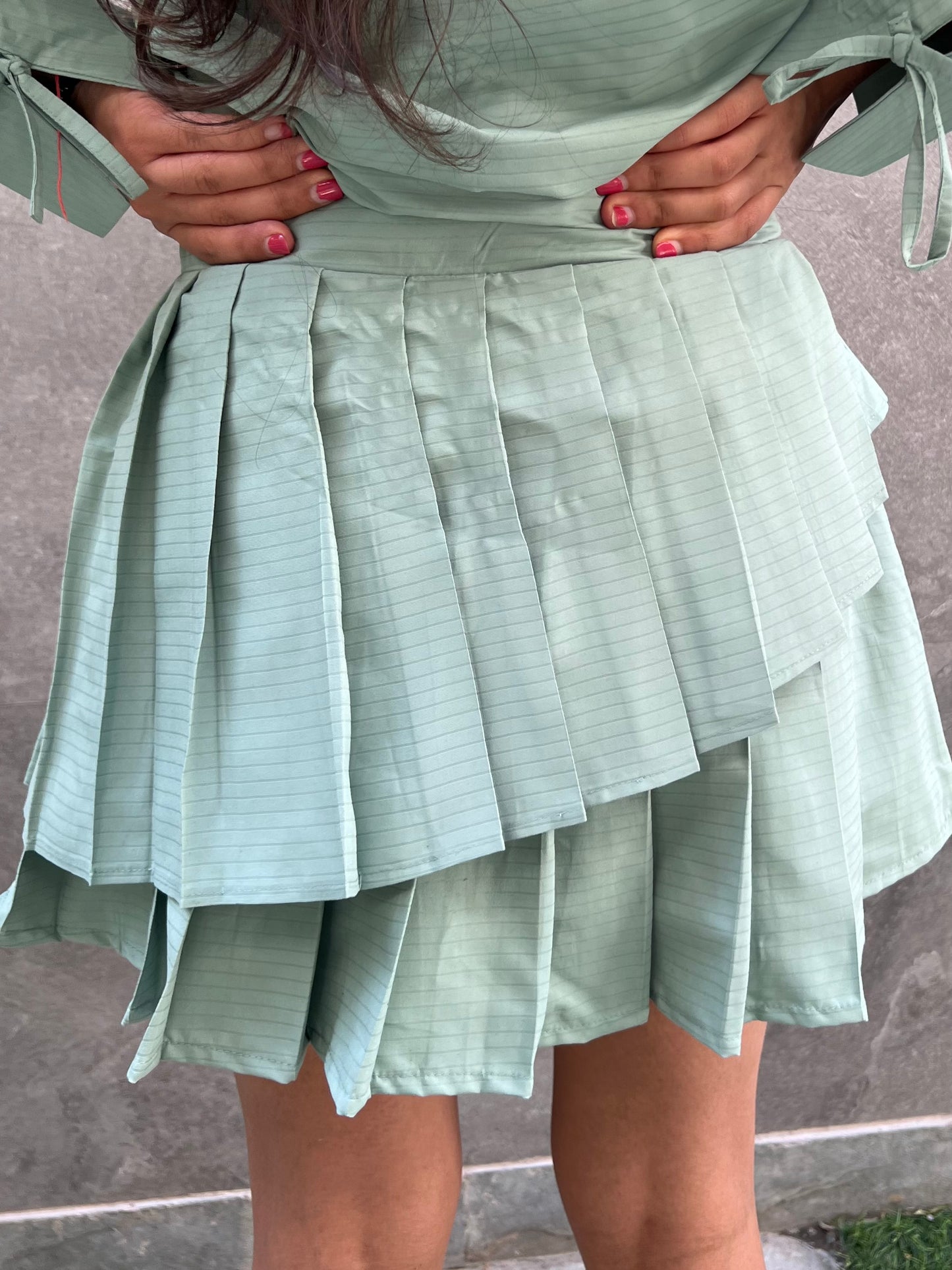 Sage Stripes Cotton Poplin Shirt & Pleated Skort Set
