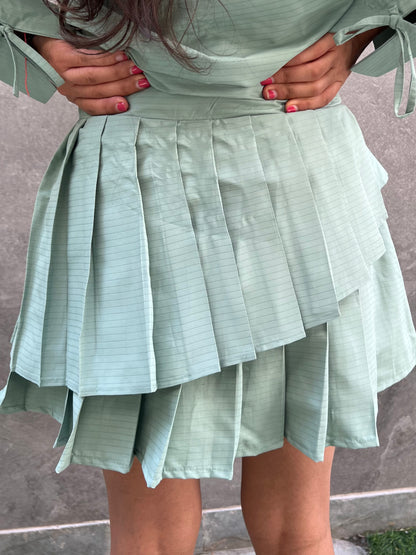 Sage Stripes Cotton Poplin Shirt & Pleated Skort Set