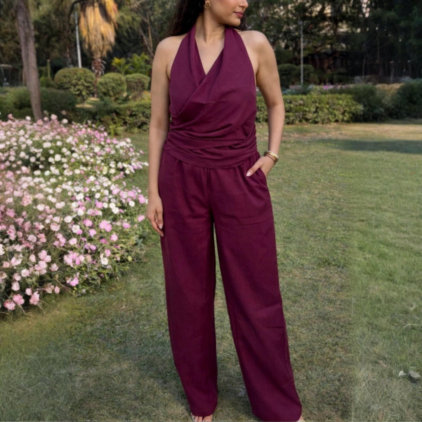 Wine Cotton Linen Ruched Halter Top & Pants Set