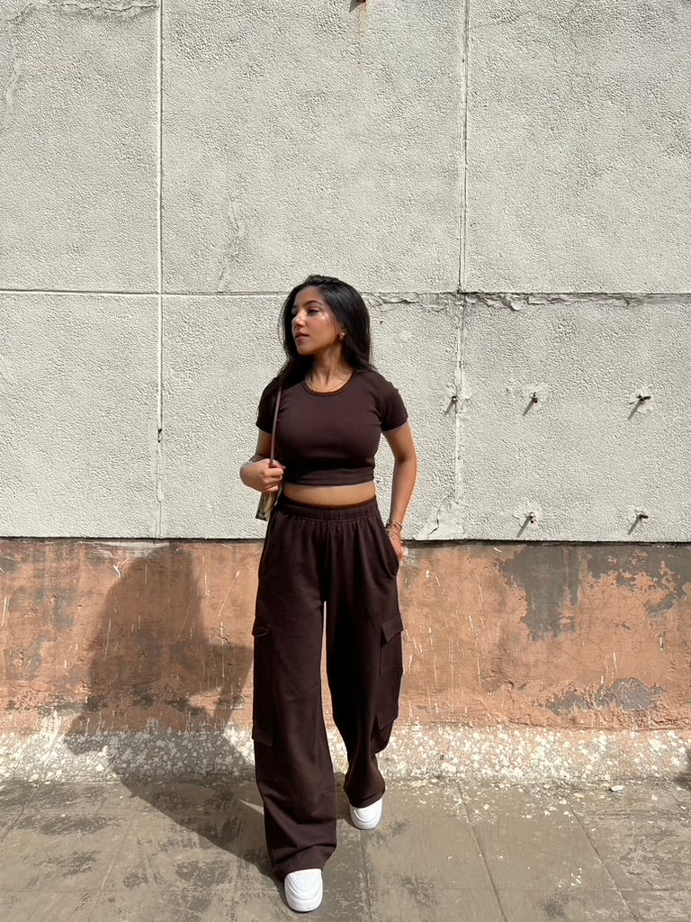 Brown French Terry Half Sleeves Cargo Set