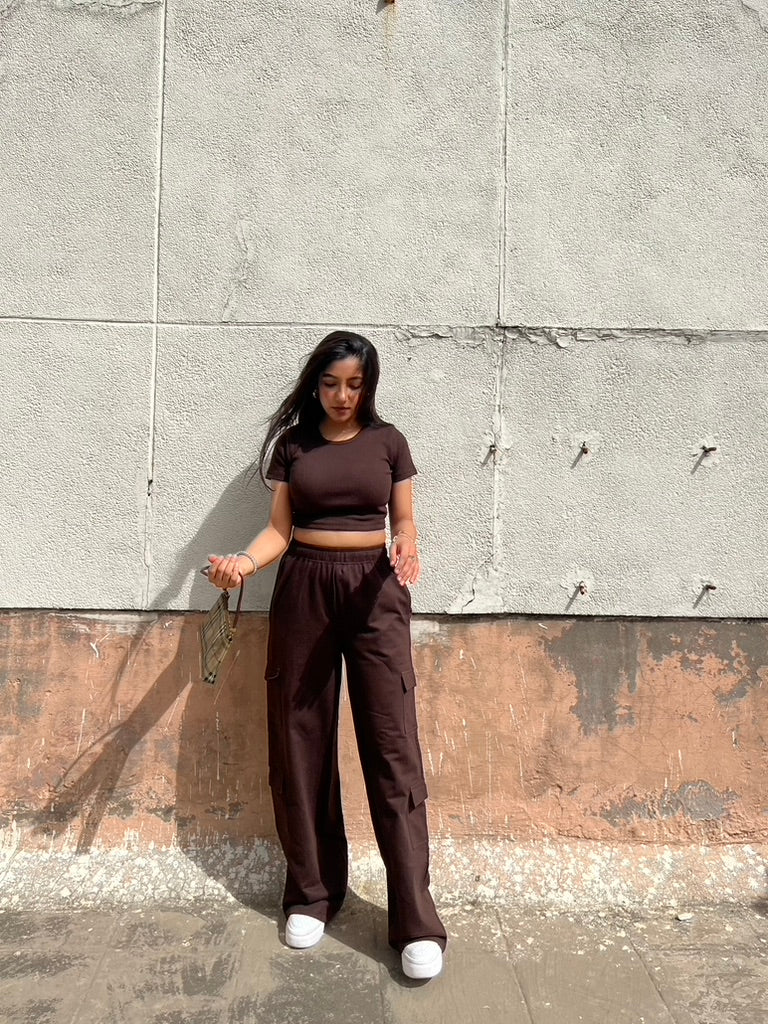 Brown French Terry Half Sleeves Cargo Set