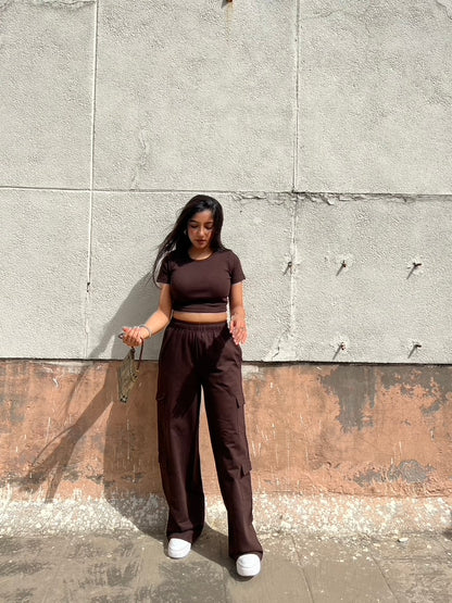 Brown French Terry Half Sleeves Cargo Set