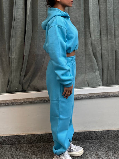 Light Blue Cropped Hoodie Cotton Fleece SET