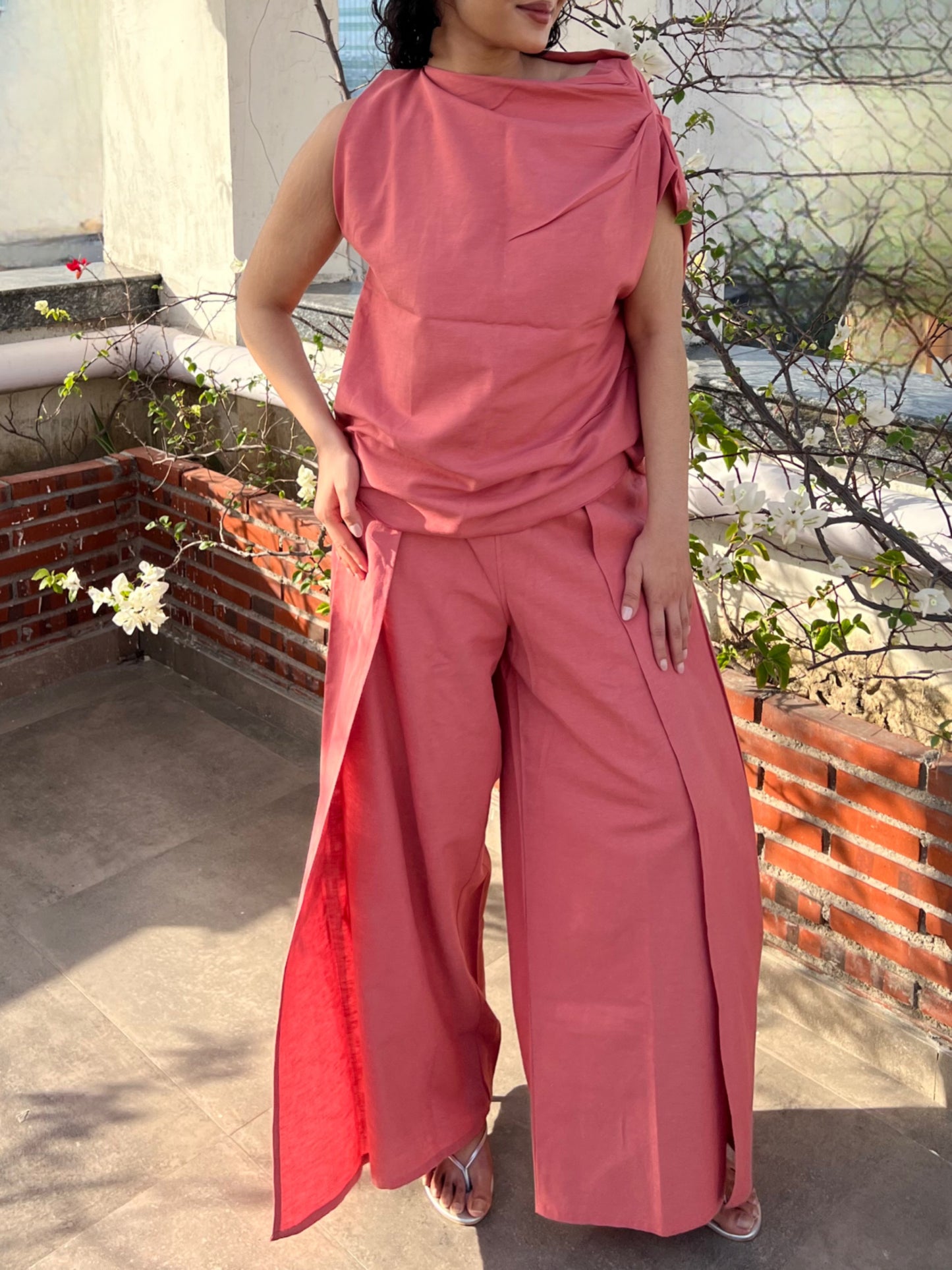 Dusty Rose Cotton Linen Draped Top & Pants Set