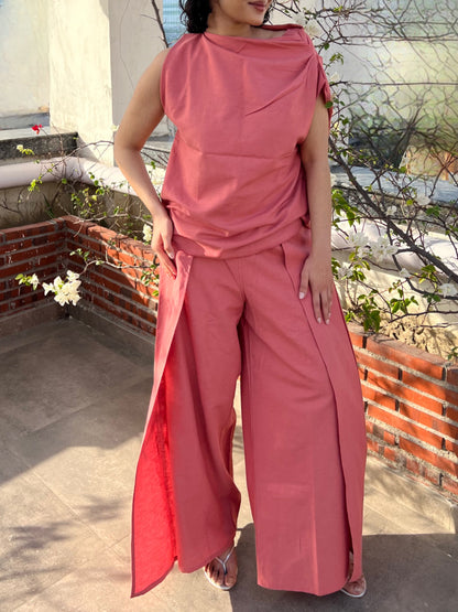 Dusty Rose Cotton Linen Draped Top & Pants Set