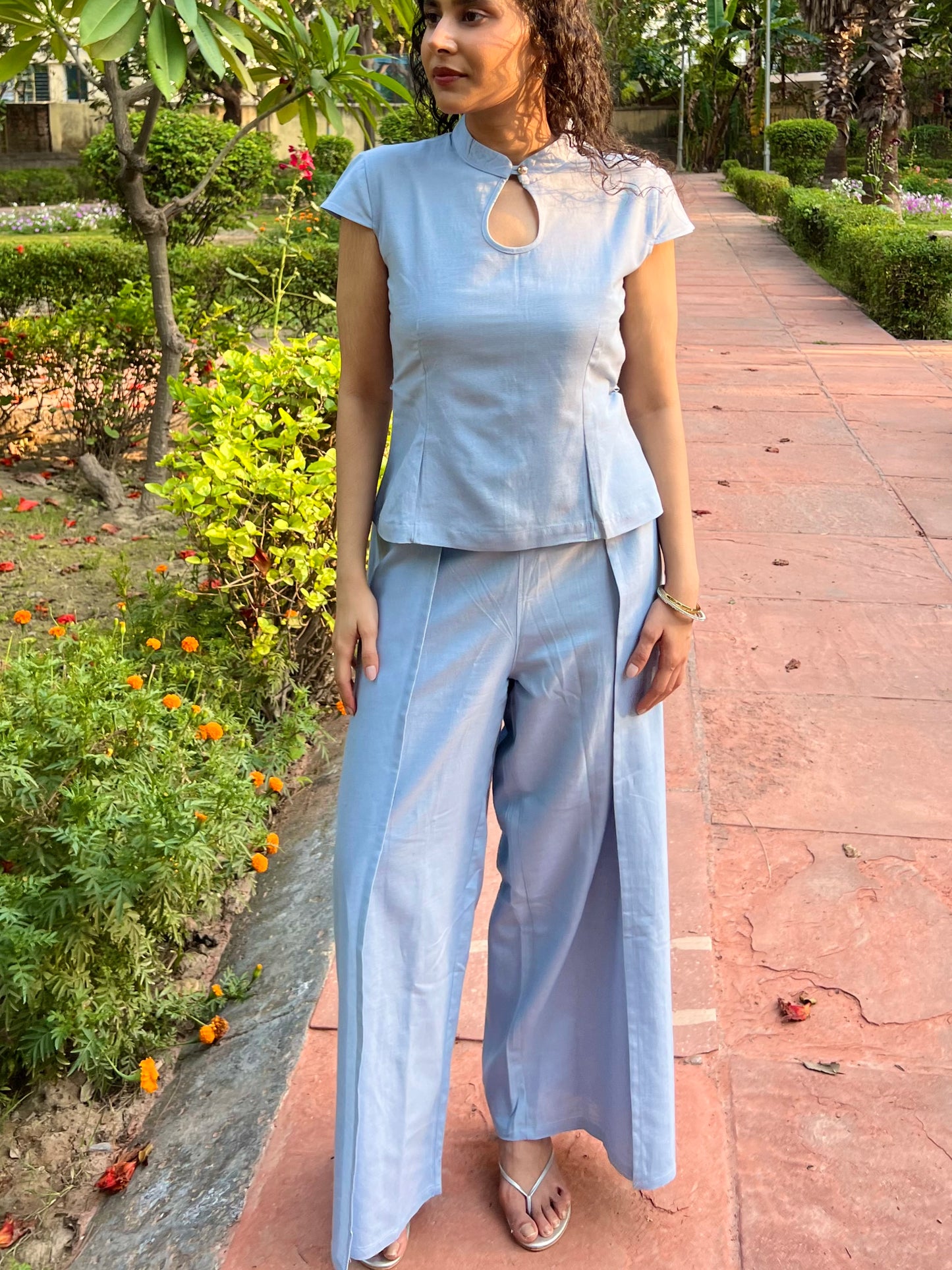 Powder Blue Pure Cotton Keyhole Shirt & Pants Set