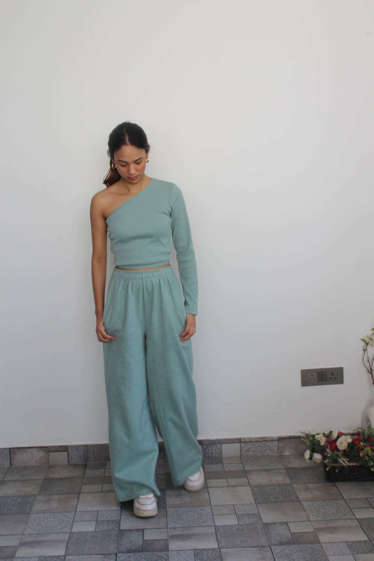 Cotton Fleece One Shoulder Stone Blue Set