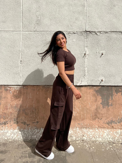 Brown French Terry Half Sleeves Cargo Set