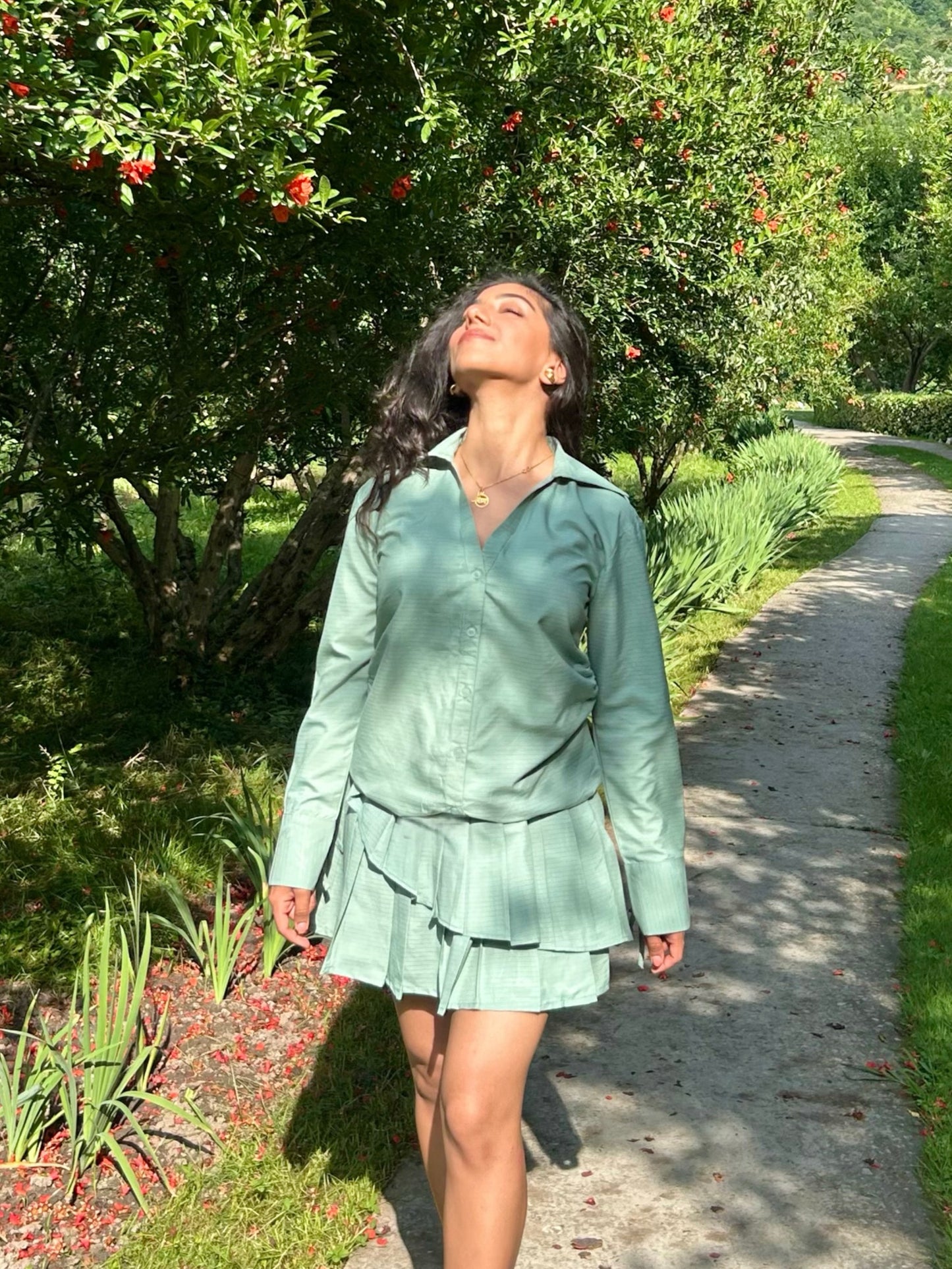 Sage Stripes Cotton Poplin Shirt & Pleated Skort Set