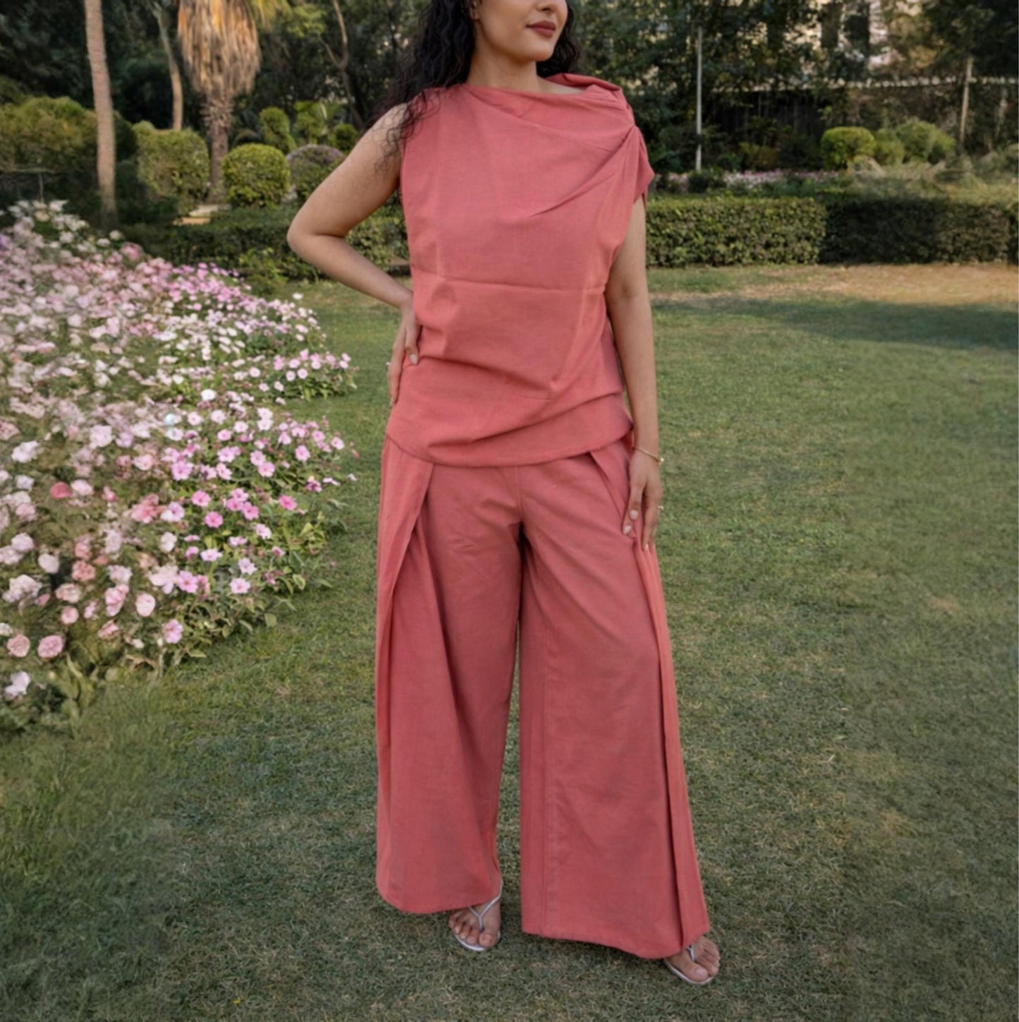 Dusty Rose Cotton Linen Draped Top & Pants Set