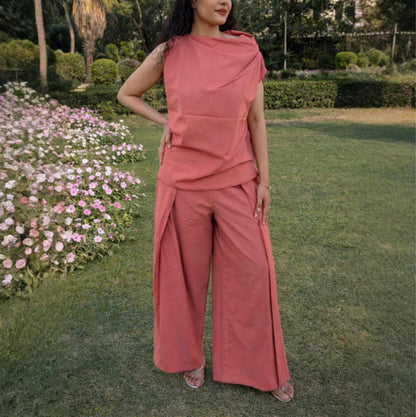 Dusty Rose Cotton Linen Draped Top & Pants Set