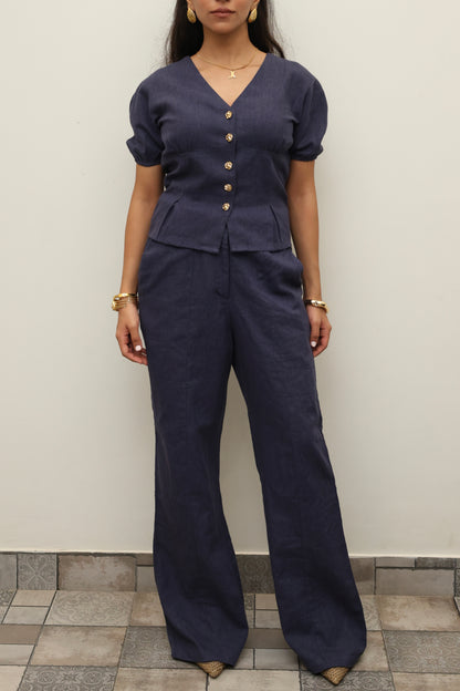 Navy Blue Cotton Linen Blend Sculpted Set