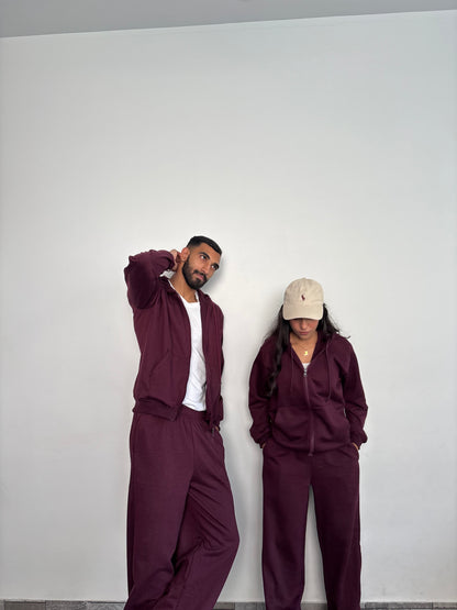 Unisex Burgundy Zipper Hoodie Cotton Fleece SET (Medium Warmth)