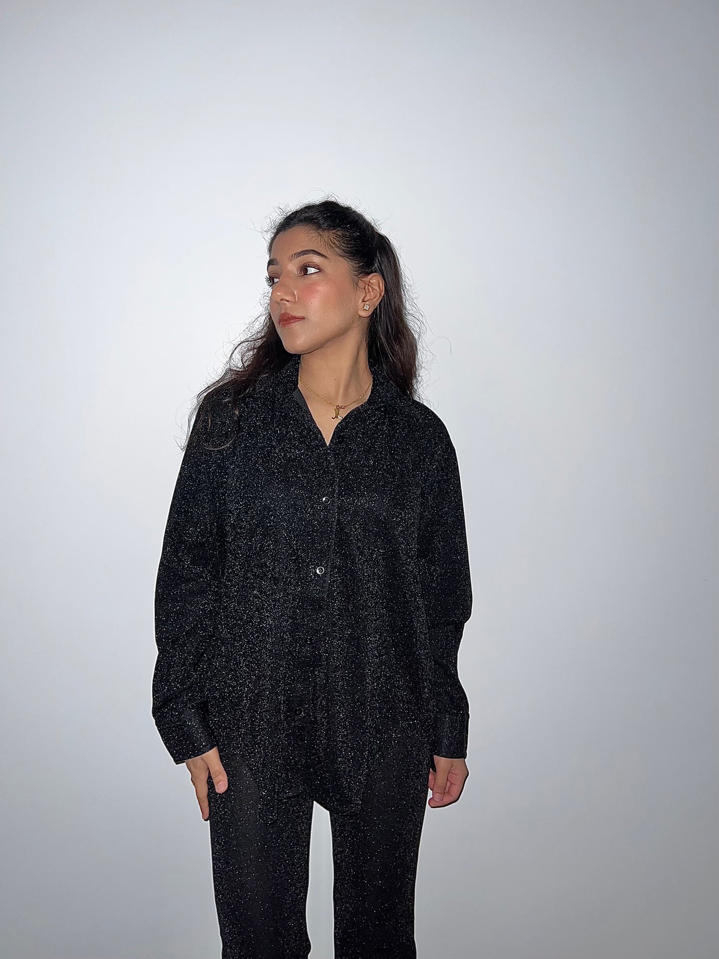 Black Cotton Shimmer Shirt Set