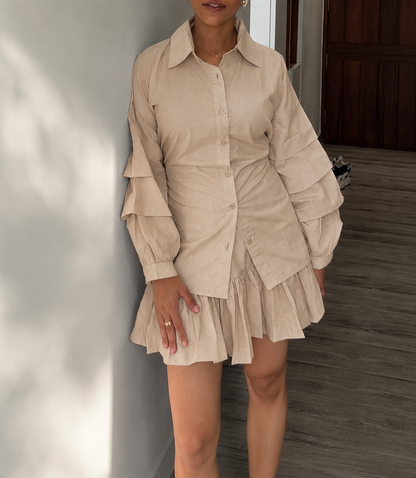 Beige Cotton Linen Ruffle Skort Set