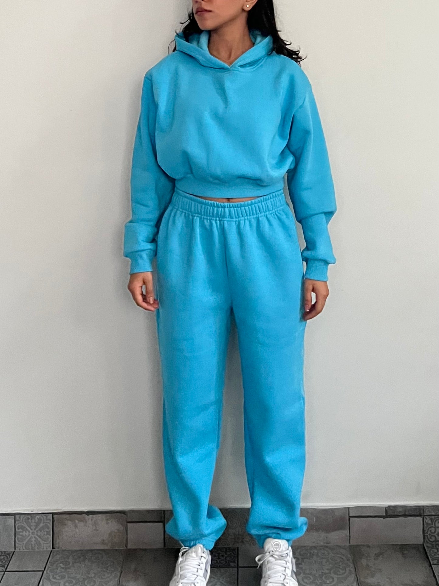 Light Blue Cropped Hoodie Cotton Fleece SET