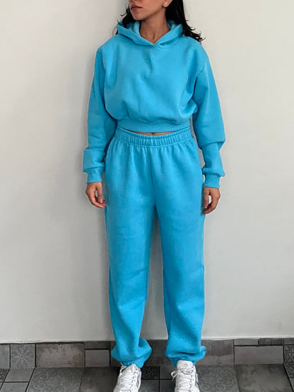 Light Blue Cropped Hoodie Cotton Fleece SET
