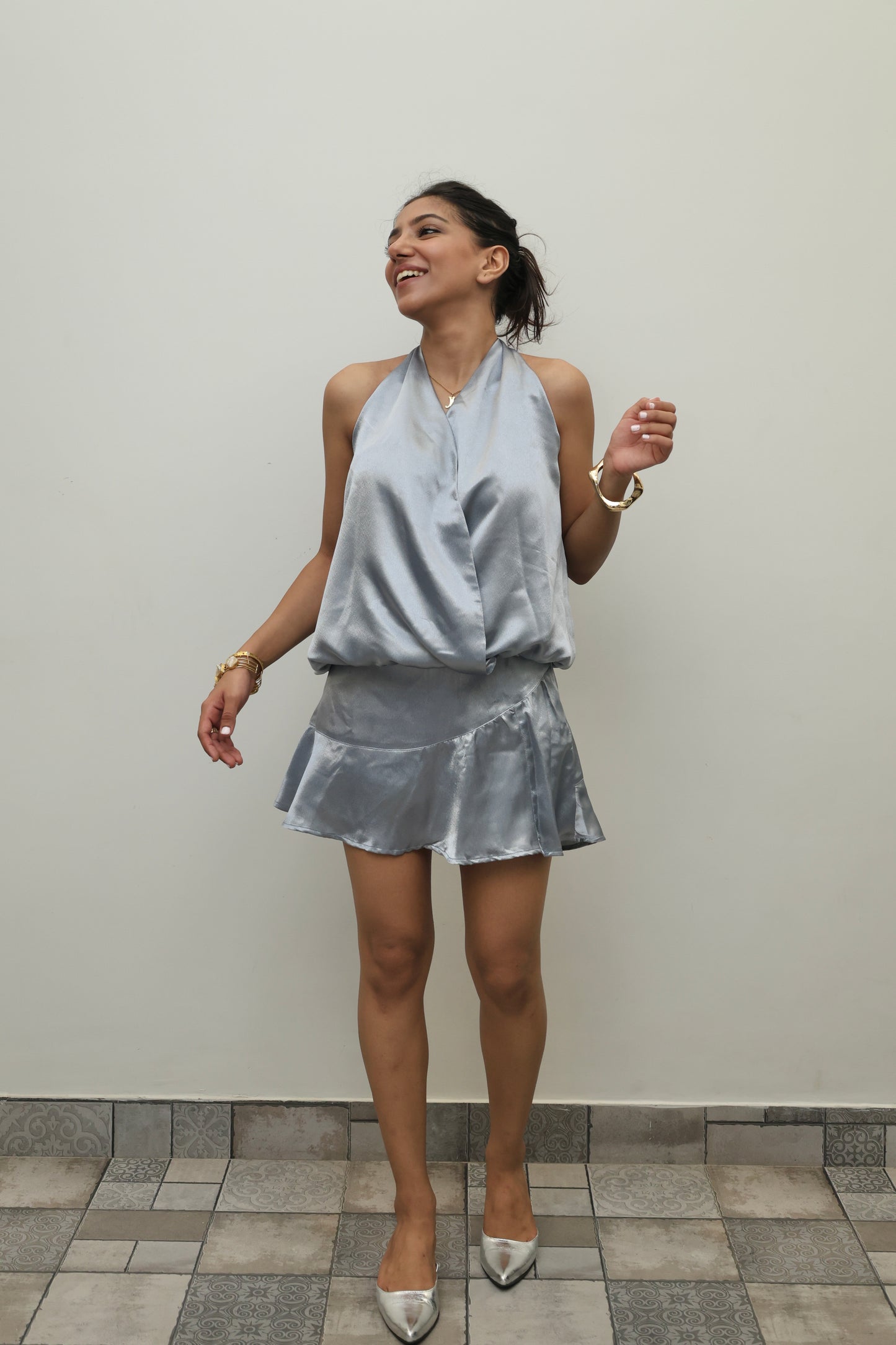 Subtle Silver Luxe Satin SKORT Set