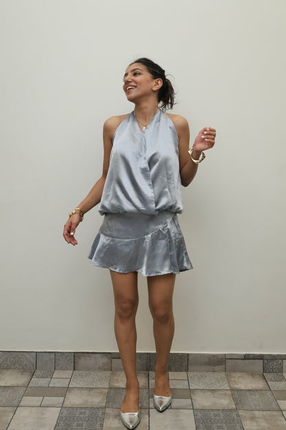 Subtle Silver Luxe Satin SKORT Set