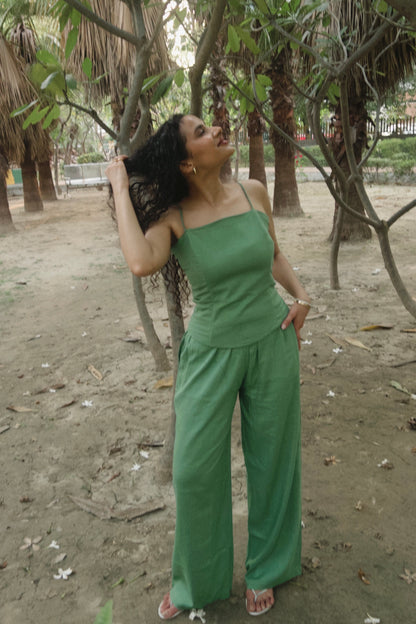 Sage Green Pure Cotton Boned Corset Top & Pants Set