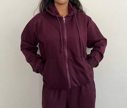 Unisex Burgundy Zipper Hoodie Cotton Fleece SET (Medium Warmth)