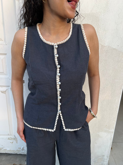 Charcoal Cotton Top & Pants Set with lace detailing and pearl buttons