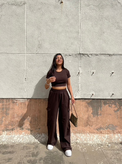 Brown French Terry Half Sleeves Cargo Set