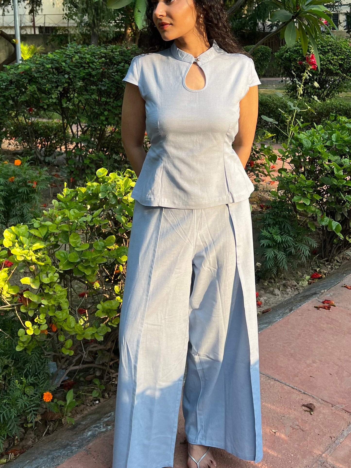 Powder Blue Pure Cotton Keyhole Shirt & Pants Set