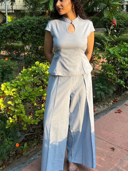 Powder Blue Pure Cotton Keyhole Shirt & Pants Set
