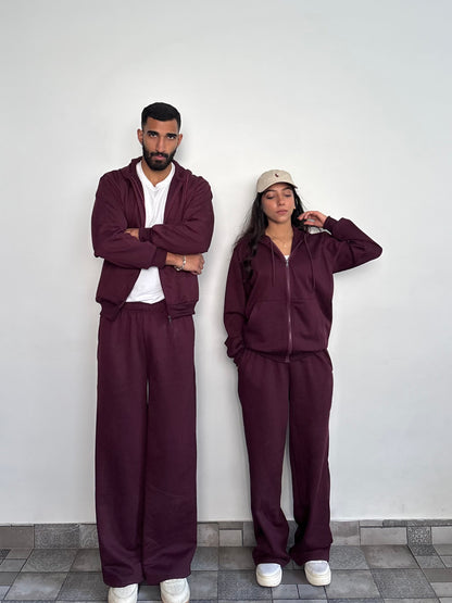 Unisex Burgundy Zipper Hoodie Cotton Fleece SET (Medium Warmth)